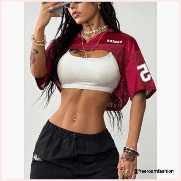 Mesh Football Jersey Shrug Crop Top Short Sleeve Y2K Streetwear Shirt - Picture 3 of 6